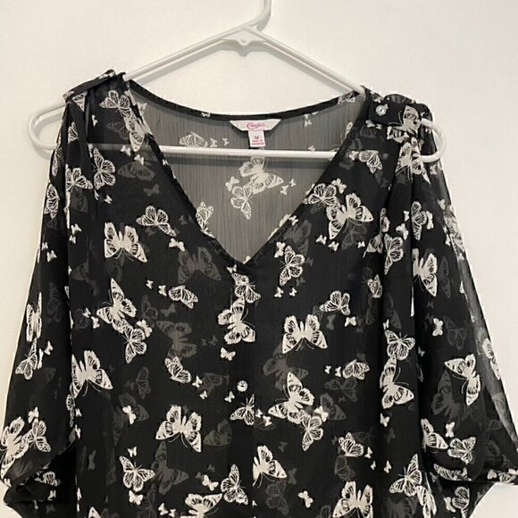 CANDIE'S Black White Butterfly Print Sheer Short Sleeve Cold Shoulder Y2K Blouse - Picture 3 of 10